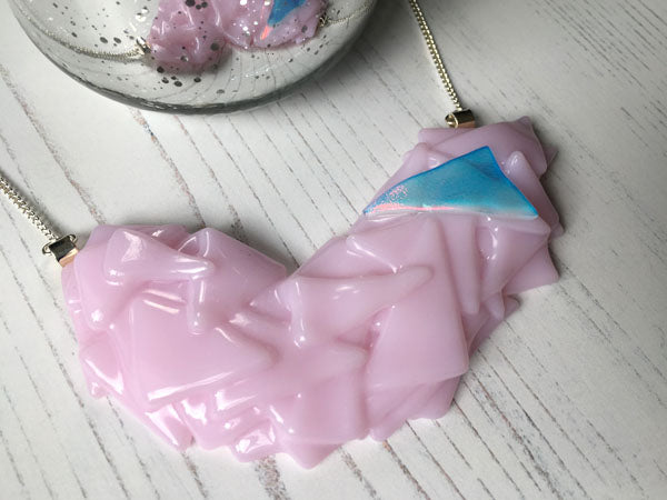 This pink statement glass necklace is a handmade necklace inspired by my favourite style of creating jewellery.