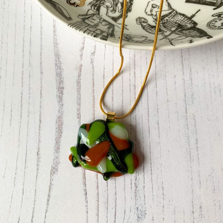 Autumn Green Abstract Glass Necklace