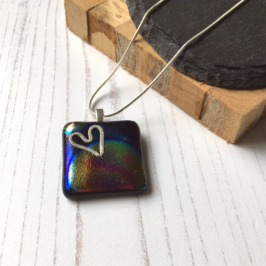 Cariad Rainbow Silver Dichroic Glass Necklace