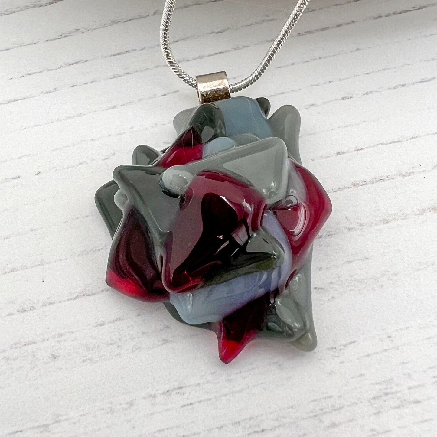 Abstract Grey Cranberry Glass Necklace