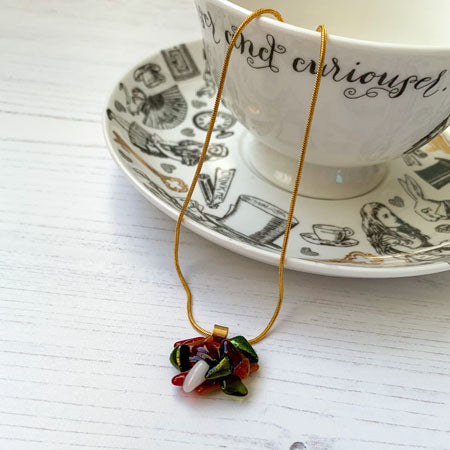 This signature autumn handmade necklace is in multicoloured autumn glass. It is a handmade necklace inspired by the princess in all of us!