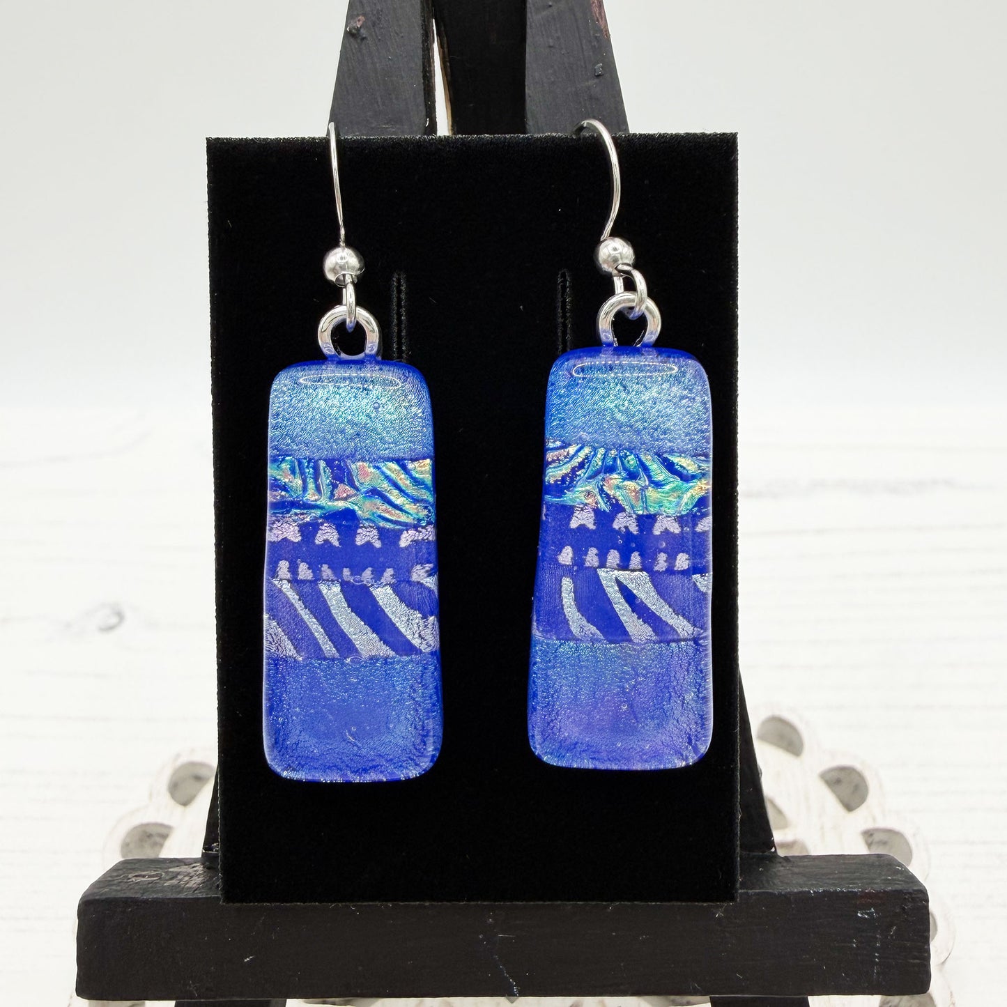 Blue Zebra Dichroic Glass Earrings
