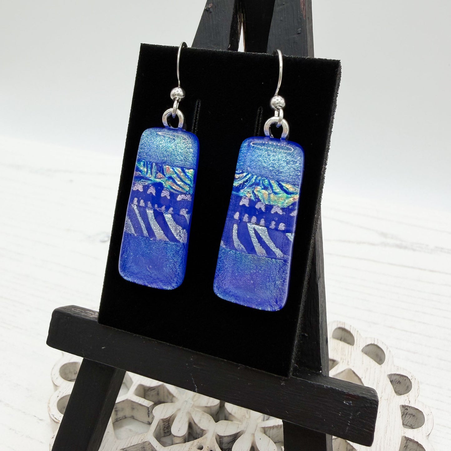 Blue Zebra Dichroic Glass Earrings