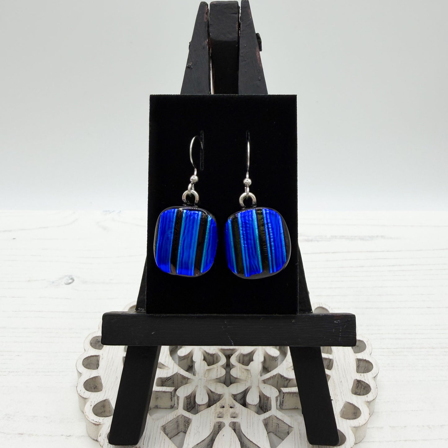 Cobalt Stripe Dichroic Glass Earrings