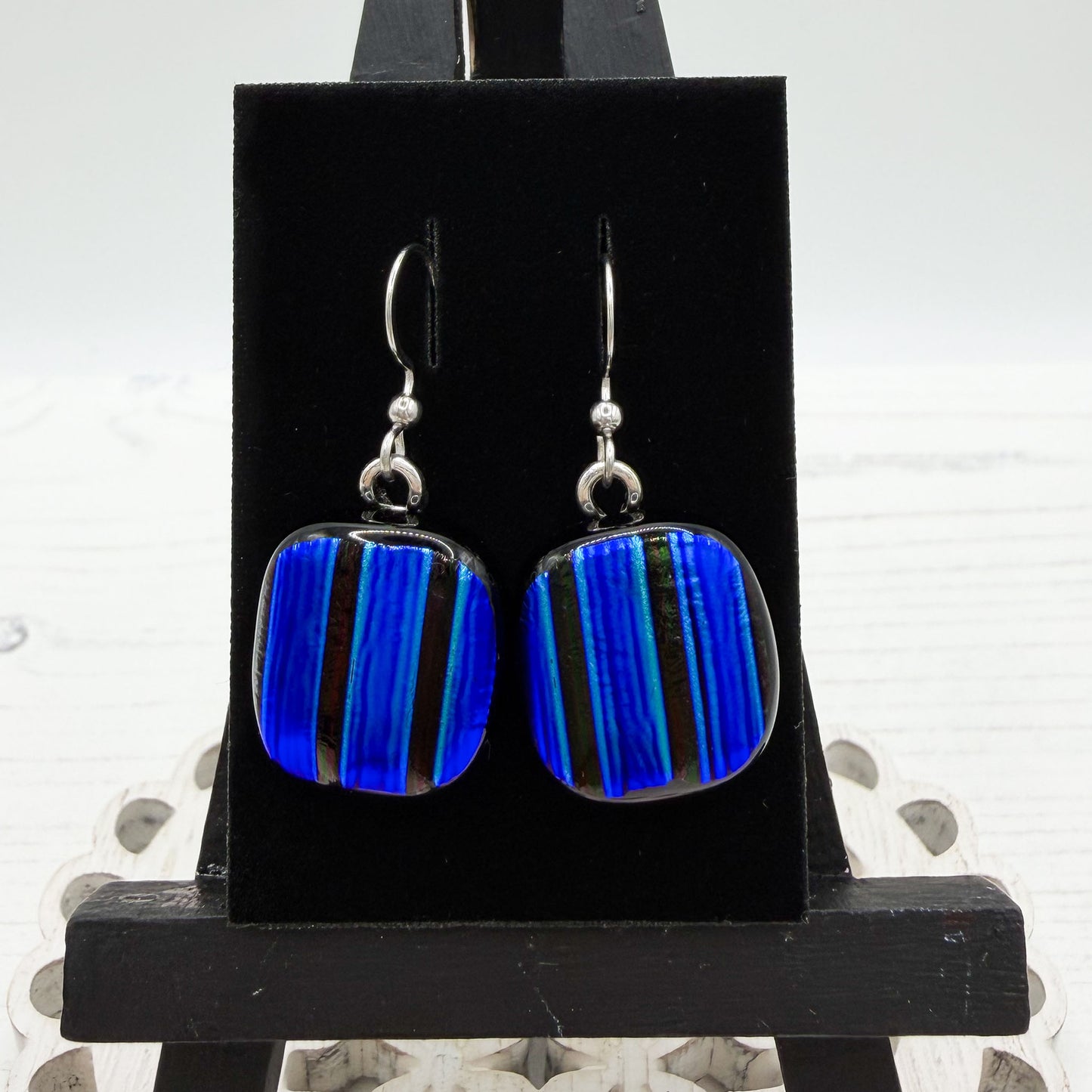 Cobalt Stripe Dichroic Glass Earrings