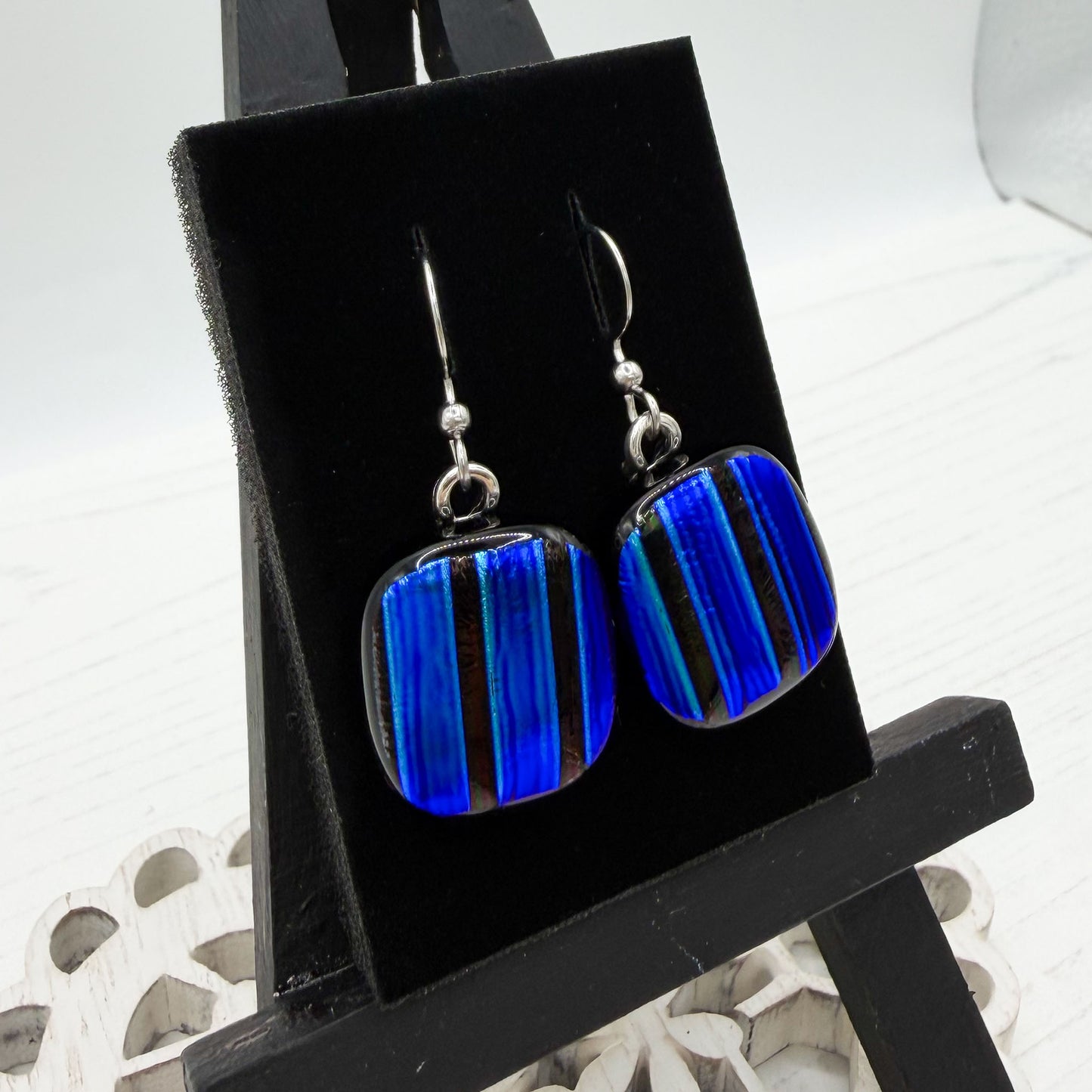 Cobalt Stripe Dichroic Glass Earrings