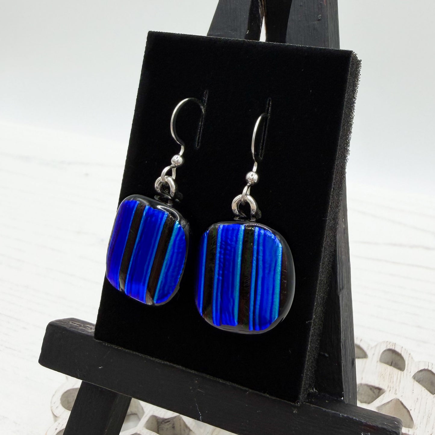 Cobalt Stripe Dichroic Glass Earrings