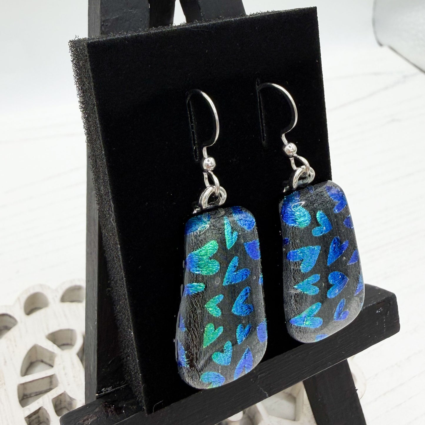 Blue Heart Dichroic Glass Earrings
