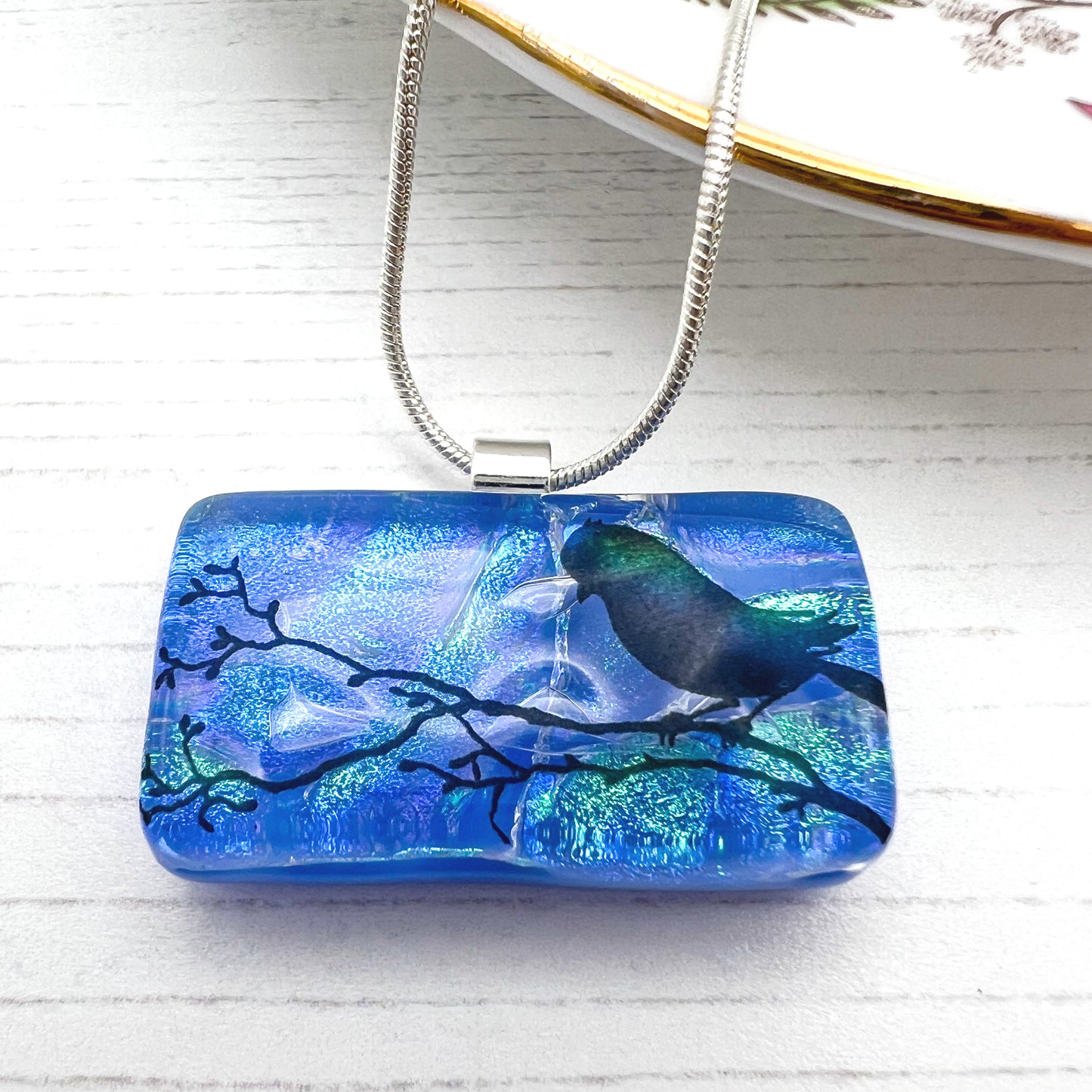 Bird on Branch Glass Necklace