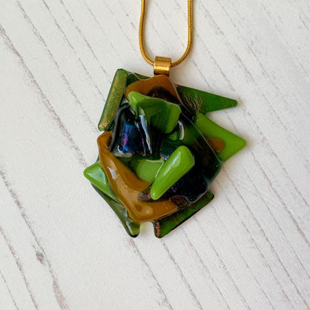 Abstract Dichroic Glass Necklaces - Greens