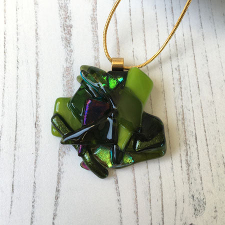 Abstract Dichroic Glass Necklaces - Greens