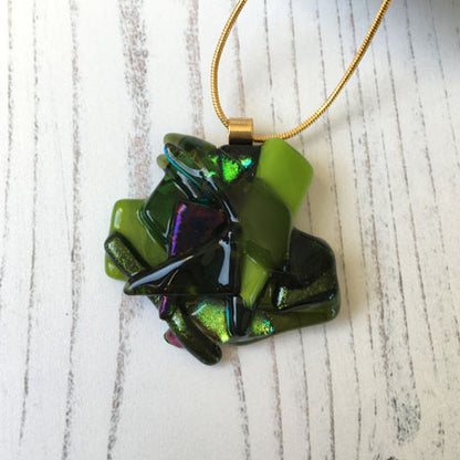 Abstract Dichroic Glass Necklaces - Greens