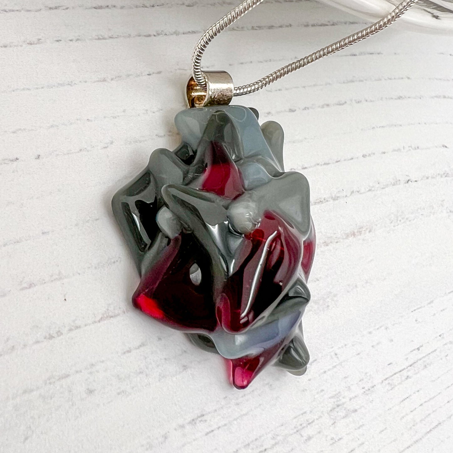 Abstract Grey Cranberry Glass Necklace