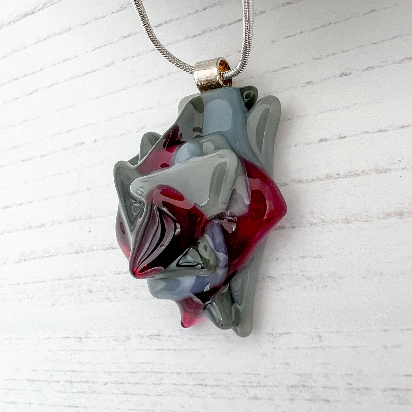 Abstract Grey Cranberry Glass Necklace